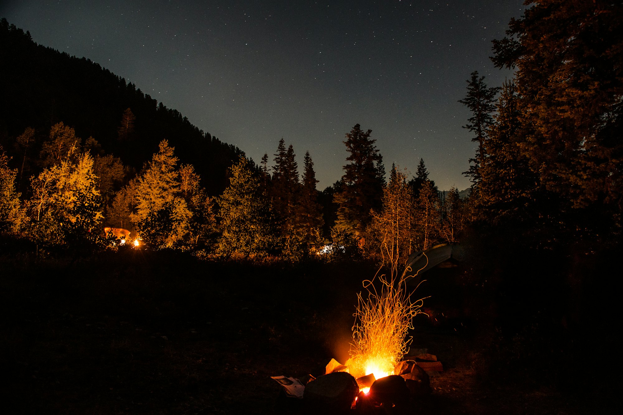A campfire burning under a sky full of stars